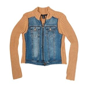 Denim & Ribbed Knit Cardigan